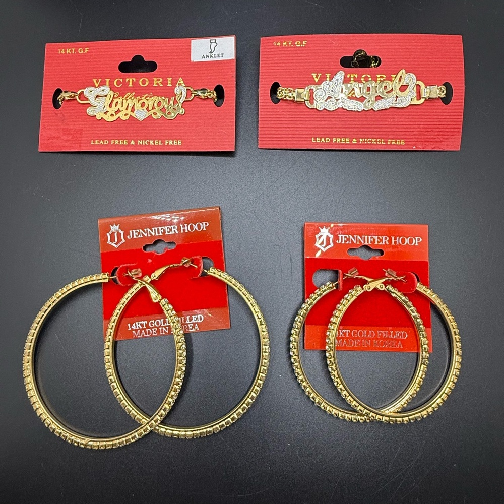 Victoria Collection 14KT GF Anklet & Bracelet plus 2 PR Jennifer Hoop Earrings